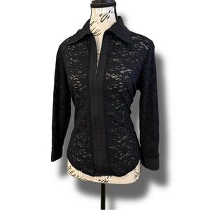 Y2K Impressions Sheer Floral Zip Up Long Sleeve Black Blouse Women’s Size M